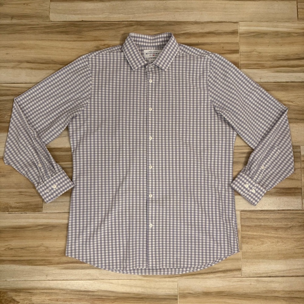 Mizzen+Main Leeward Performance Dress Shirt Mens XXL Trim Fit Blue Gingham Check
